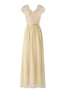 Women's Long Evening Dress, Solid Color Lace Patchwork Backless V Neck Elegant Dress, Simple One-Piece Clothes - 香檳色 - 查看 7