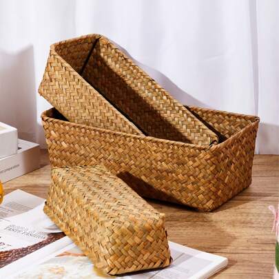 3pcs/2pcs/1pc Woven Seaweed Storage Basket, Home Organizer Basket, Makeup Organizer Shelf, Bathroom Storage Basket, Home Storage Table And Drawer Organizer, Suitable For Fruits, Snacks, And Home Decor, Bedroom Decoration,For Back To School