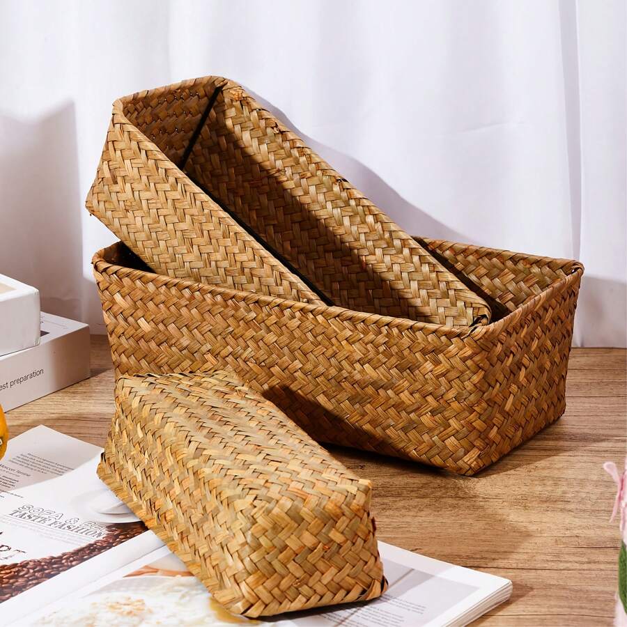 Giỏ đựng đồ bằng rong biển dệt 3 chiếc/2 chiếc/1 chiếc, Giỏ đựng đồ gia dụng, Kệ đựng đồ trang điểm, Giỏ đựng đồ phòng tắm, Bàn đựng đồ gia dụng và ngăn kéo, Thích hợp đựng trái cây, đồ ăn nhẹ và đồ trang trí nhà cửa, Trang trí phòng ngủ, Cho ngày tựu trường - Màu Khaki - Xem 1