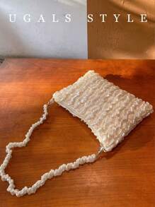 情人节椭圆形钩针花包女士晚宴手拿包新娘婚礼钱包派对舞会手工编织串珠仿珍珠半月形手提包﻿ - 杏色 - 查看 6