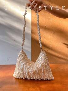 情人节椭圆形钩针花包女士晚宴手拿包新娘婚礼钱包派对舞会手工编织串珠仿珍珠半月形手提包﻿ - 杏色 - 查看 3