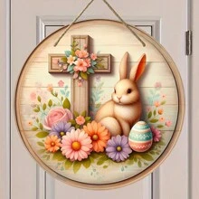 1 pieza Letrero de madera vintage de conejo de Pascua, decoración colgante de pared redonda con acentos de cruz y flores, para el hogar, porche y decoración de habitaciones, regalo multiusos para fiestas, estilo aleatorio