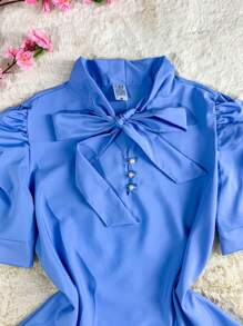 Women's Short Sleeve Puffed Blouse With Bow No. 8 - Baby Blue - View 4
