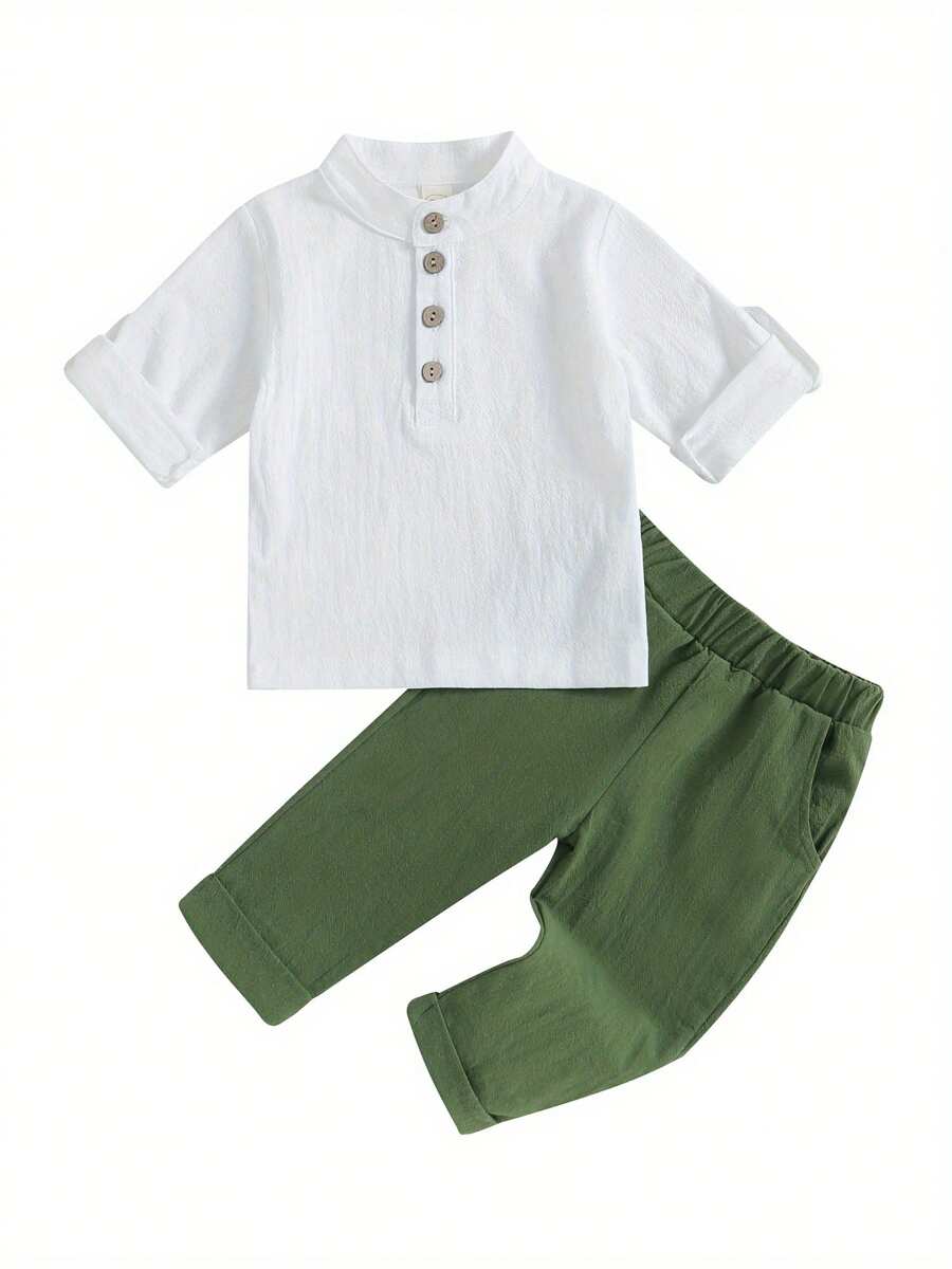 Toddler Boys Cotton Linen Outfits Buttons Short Sleeve Shirts And Elastic Waist Long Pants 2Pcs Clothes Set - 綠色 - 查看 1
