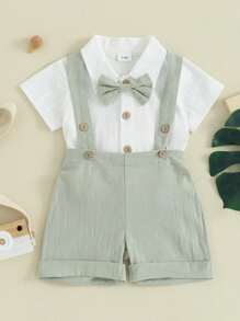 Toddler Boy Gentleman Outfit Solid Color Short Sleeves Romper With Bow Tie And Overalls Shorts Set For Formal Wear - 綠色 - 查看 2