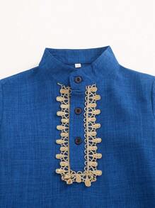 Young Boy Long Sleeve Embroidered Patch Collar Long Button-Down Shirt - Blue - View 3