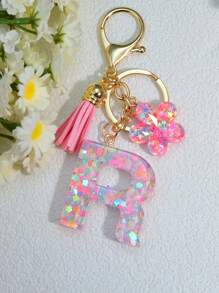 1 pieza Llavero de resina epoxi con brillo, colgante personalizado como accesorio para bolsos de mujer, llaves de coche, regalo para mamá, amigos, con diseños de corazón, mariposa y letra - Rosa - Ver 17