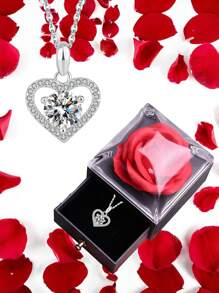 1set Red Rose Gift Box With 925 Sterling Silver Heart-Shaped Pendant Necklace, High-Quality Moissanite Jewelry, Romantic Jewelry Gift, Suitable For Christmas, Valentine's Day, Mother's Day, Perfect Gift For Female Friends, Lovers, Mothers, Wives, Girlfriends, Sisters, Daughters