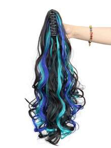 Curly Hair Ponytail Extension Dark Brown Claw Clip In Hair Extensions Ponytail 20"Blue Highlights Wavy Ponytail Wig Synthetic Natural Fluffy Fake Hair Daily Holiday Use Hot Selling