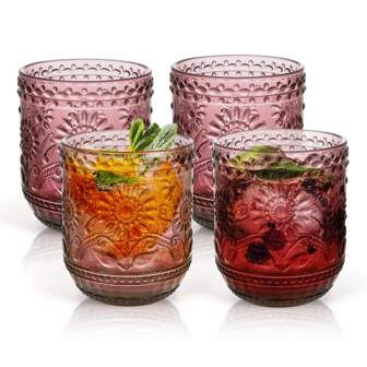 Vintage Drinking Glass Set Of 4,12 Oz Embossed Floral Drinkware Set,Pink Purple Drinking Glasses Cups Wine Glasses Colored Glassware For Whisky,Beer,Juice,Cocktail,Heavy Duty,Sunflower Design, Embossed Floral Decorative Glasses Drinking Set