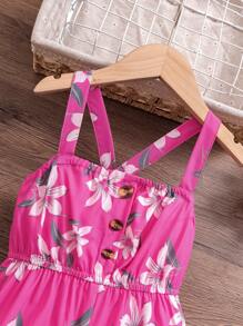 Young Girl' Floral Print Spaghetti Strap Jumpsuit, Cinched Waist Waist Wide Leg, Suitable For Resort & Summer - Rose Red - View 3