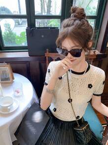 Áo dệt kim phong cách đường phố thanh lịch Hàn Quốc, áo thun ngắn tay phối màu hoa 3D ngọt ngào với thiết kế họa tiết, phù hợp cho mùa tựu trường, mẫu áo mới mùa hè, phong cách thường ngày. - Màu be - Xem 7