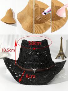 1pcs Unisex Cattle Head Decor Cowboy Hat Hollow Out Printed Cowgirl Hat Casual Sun Hat Spring Summer Travel Shade Beach Hat Straw Hat - 黑色 - 查看 4