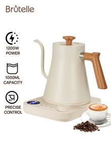 Brutelle 900毫升电水壶，鹅颈壶嘴设计，温度感应，1200瓦快速加热，自动断电，一键保温，不锈钢材质，白色，适用于家庭厨房和咖啡角 - 英規插(220-240V) - 查看 10