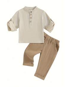 Toddler Boys Cotton Linen Outfits Buttons Short Sleeve Shirts And Elastic Waist Long Pants 2Pcs Clothes Set - Màu Khaki - Xem 1