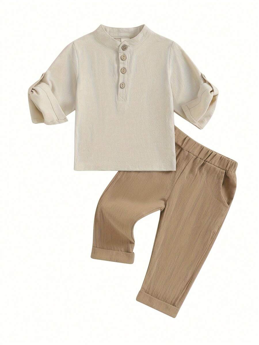 Toddler Boys Cotton Linen Outfits Buttons Short Sleeve Shirts And Elastic Waist Long Pants 2Pcs Clothes Set - Màu Khaki - Xem 1