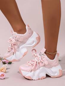 女士厚底运动鞋、圆头厚底鞋、时尚运动鞋、粉色鞋、拼色运动鞋、金属厚底运动鞋、女士运动鞋、欧式/美式运动鞋、坡跟厚底运动鞋、系带运动鞋 - 粉色 - 查看 9