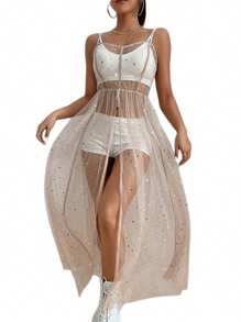 Women Cover Up Dress, Sleeveless Square Neck Beach Holiday Sequined Split Midi Beach Smock - Carne en polvo - Ver 2