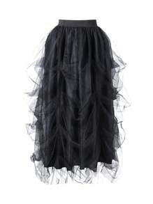 Women Long Tulle Tutu Skirt High Waist Layered A-Line Puff Mesh Skirt Floor Length Split Half-Dress Princess Skirt - 黑色 - 查看 3