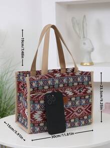 New Thick Knit Jacquard Fabric Tote Bag, Large Capacity Portable Lunch Box Bag, Suitable For Work Lunch, Outdoor Picnic, Lunch Box Storage, Insulated Aluminum Foil Lining, Front Zipper Pocket, RetroLunch BagWomanFor Women LadiesSchool Supplies Stuff Accessories