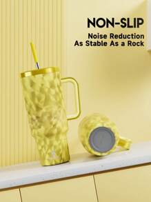 40oz Handled Vacuum Insulated Water Bottle, Leak-Proof Lid & Straw, Stainless Steel Travel Thermos Cup, Keeps Cold 24hrs Or Hot 10hrs (Gold Feather Texture) - Gold - View 6