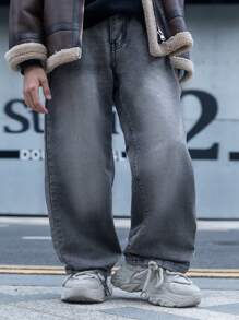 Teen Boys' Washed Retro Denim Jeans, American Casual Street Basic Distressed Straight Leg Pants