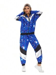 In-Stock Retro 80s Disco Tracksuit Jacket And Pants, Party Hiphop Set For Women, Galaxy Print Halloween, Party Dress - Blue - View 4