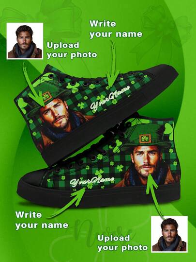 St. Patrick's Day Men's Custom High Top Canvas Shoes, Customized Photo And Name Sneakers, Shamrock Print Custom Men's Sneakers, Comfortable, Lightweight, Breathable, Non-Slip, Customized Gift For Mom/Dad/Her/Him/Girlfriend/Boyfriend/Wife/Husband/Friend