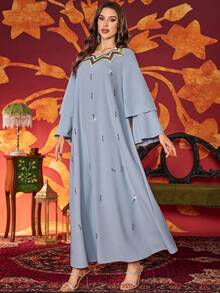 Women's Round Neck Rhinestone Embellished Color Block Long Elegant Abaya Dress - Light Blue - View 9