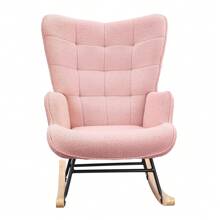 Nursing Rocking Chair, Berber Fleece Look Rocking Chair, Armrest, Armchair With Wooden Glides, Relaxation Chair For Living Room, Bedroom, Pink - Pink - View 6
