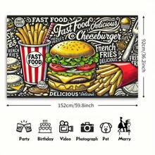 1 件涤纶生日快乐背景，卡通汉堡包和薯条设计，电池供电，适用于家庭、周年纪念、一般庆祝活动、派对横幅 - 黑色 - 查看 3