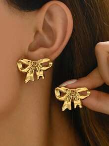 2 件/套简约可爱丝缎蝴蝶结不锈钢耳环，适合女性日常佩戴或约会，也是送给女性的理想礼物 - 金黃色 - 查看 5