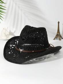1pcs Unisex Cattle Head Decor Cowboy Hat Hollow Out Printed Cowgirl Hat Casual Sun Hat Spring Summer Travel Shade Beach Hat Straw Hat - 黑色 - 查看 2