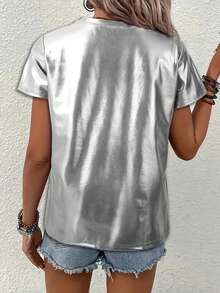 Women's Fashion Solid Color Metallic Feeling Short Sleeve T-Shirt - Silver - View 2
