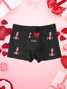 Custom Photo/Text/Logo Printed Men's Heart Pattern Boxer Briefs, Personalized Stretchy Comfortable Casual Underwear, Ideal Gift For Boyfriend/Husband, Valentine's Day Present, Unique & Funny - Black - View 4