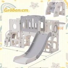 Scivolo 6 in 1 con uno scivolo, due piattaforme, due armadietti da pavimento, canestro da basket e scale - Polietilene ad alta densità (palle oceaniche non incluse)