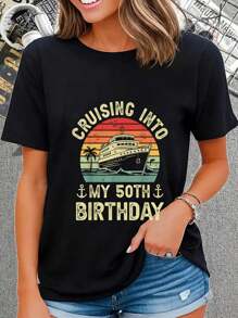 Cruising Into My 50th Birthday Cruise 50 Years Bday Party T-Shirt Women's Men's Graphic Tee Causal Tops