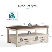 LINSY HOME Farmhouse Coffee Table With Storage, Wood Coffee Table For Living Room, Open Display Area And Storage Drawers With Metal Handles, Chic Style With Curved Base. Oak And Brown