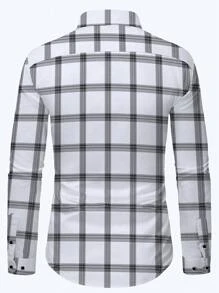 男士经典格子印花长袖单排扣翻领白衬衫，条纹格纹百搭时尚适合春夏秋季休闲商务办公穿着 - 白色 - 查看 3