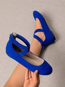 Women's Flats With Back Zipper Fashion Comfortable And Lightweight Cross Elastic Ankle Straps Daily Dressy Commuting Elegant Ballet Flats Shoes - 寶藍色 - 查看 3