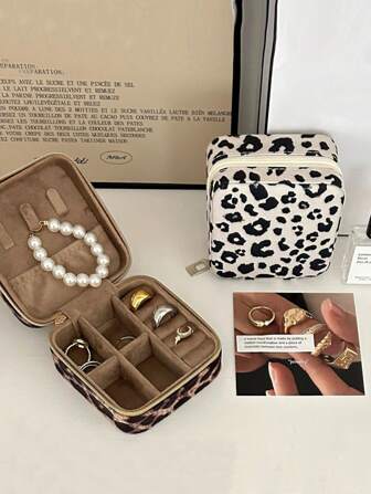 豹纹珠宝盒手拿珠宝耳钉戒指收纳盒小巧精致项链盒首饰架首饰整理器戒指耳环项链手链首饰配件首饰收纳袋生日礼物妈妈礼物