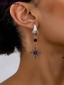 1 pereche de cercei de modă în stil gotic-hiphop pentru femei, metal în formă de mână, cu pandantiv stea, strasuri din sticlă violet încrustate, potriviti pentru banchete, petreceri, festivaluri și ținute zilnice