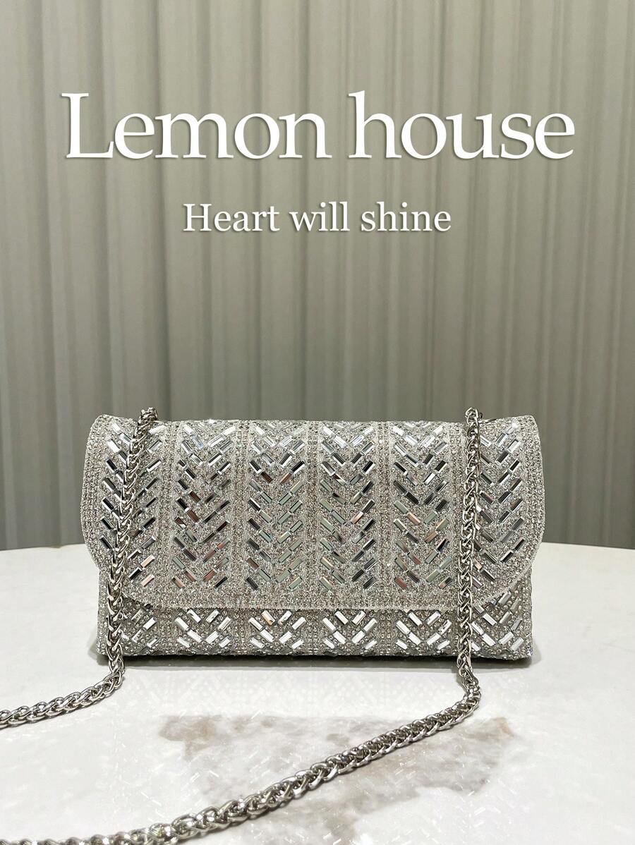 1 件银色闪亮水钻装饰小号晚宴手拿包，金属链斜挎信封式钱包，优雅时尚，适合派对、婚礼、庆典、女士礼物