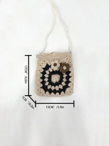 1pc Handmade Crochet Coin Purse, DIY Phone Pouch, Striped Floral Phone Bag, Beach Bag, Ideal For Summer, Vacation And Daily Use, Essential For Travel - Black and White - View 5