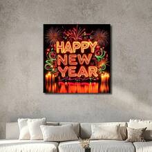 Wrapped Framed Canvas Vintage Wall Art Print Neon "Happy New Year" Sign - Artful Home Decor For Living Room, Bedroom, Bathroom, Office
