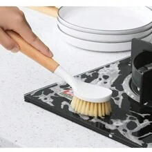 天然山毛榉木手柄厨房锅刷，塑料长柄锅清洁刷，不粘锅刷工具