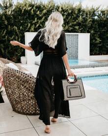 Bikini Camisa exterior Camisa solar Camisa de encaje Falda de playa Mujer - Negro - Ver 7