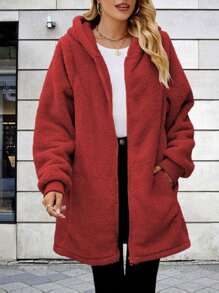 2024 Autumn/Winter New Arrival Hot Selling Solid Color Hooded Faux Fur Jacket With Zipper, Plus Size Women