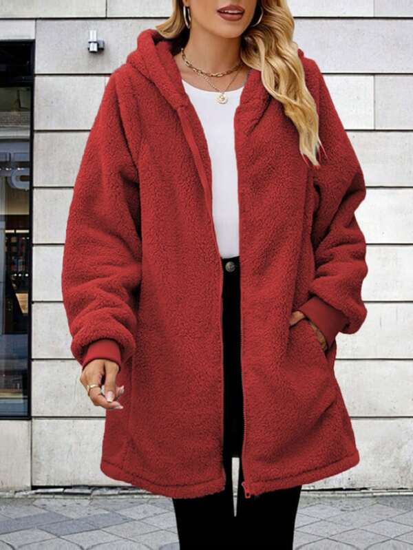 2024 Autumn/Winter New Arrival Hot Selling Solid Color Hooded Faux Fur Jacket With Zipper, Plus Size Women