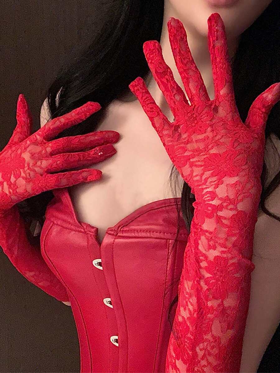 1只女士经典露指手套，性感白色长款菊花图案新娘手套，派对护臂，驾驶防晒袖套 - 紅色 - 查看 1